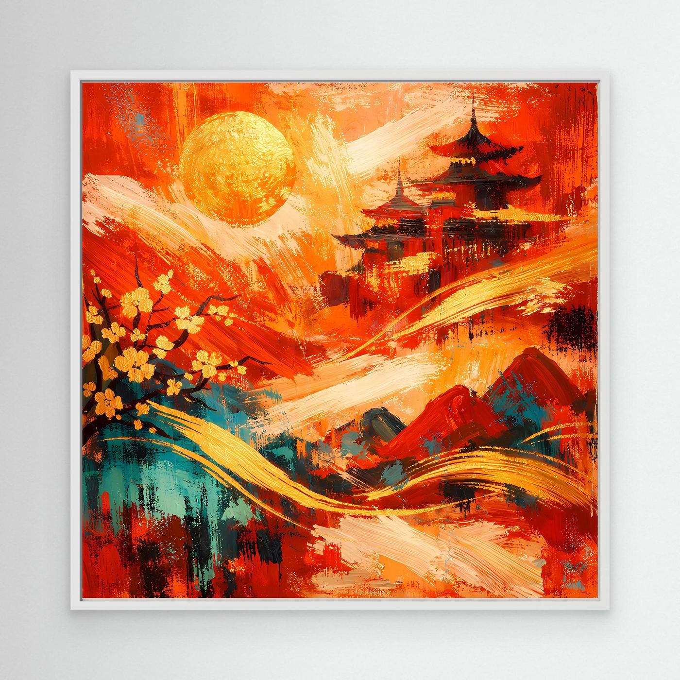 Abstraktes Leinwandbild: Pagode, Sonne und Blüten in Rot, schmal eingefasst