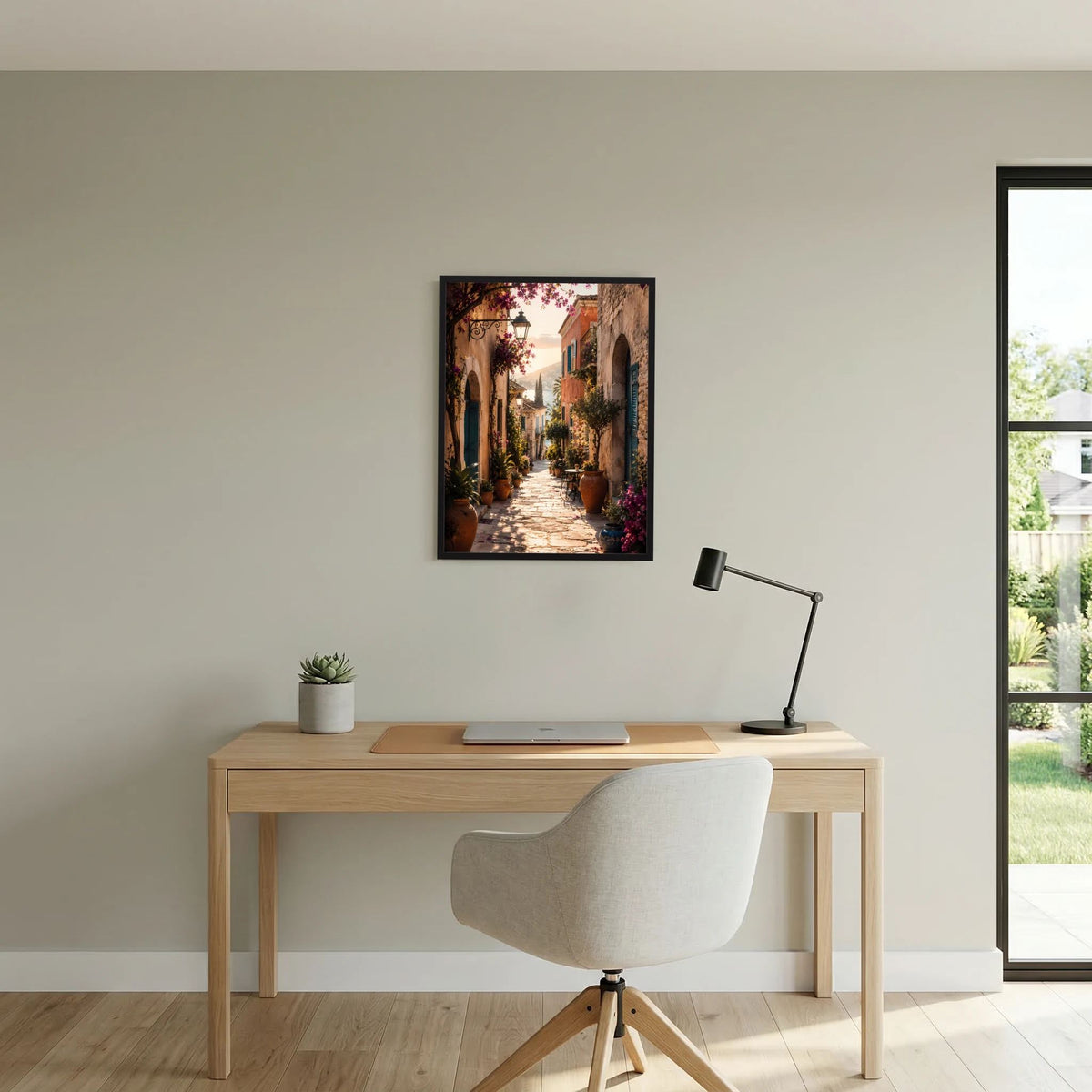 Wandposter über dem Schreibtisch: schmale Gasse mit Bögen und Blüten
