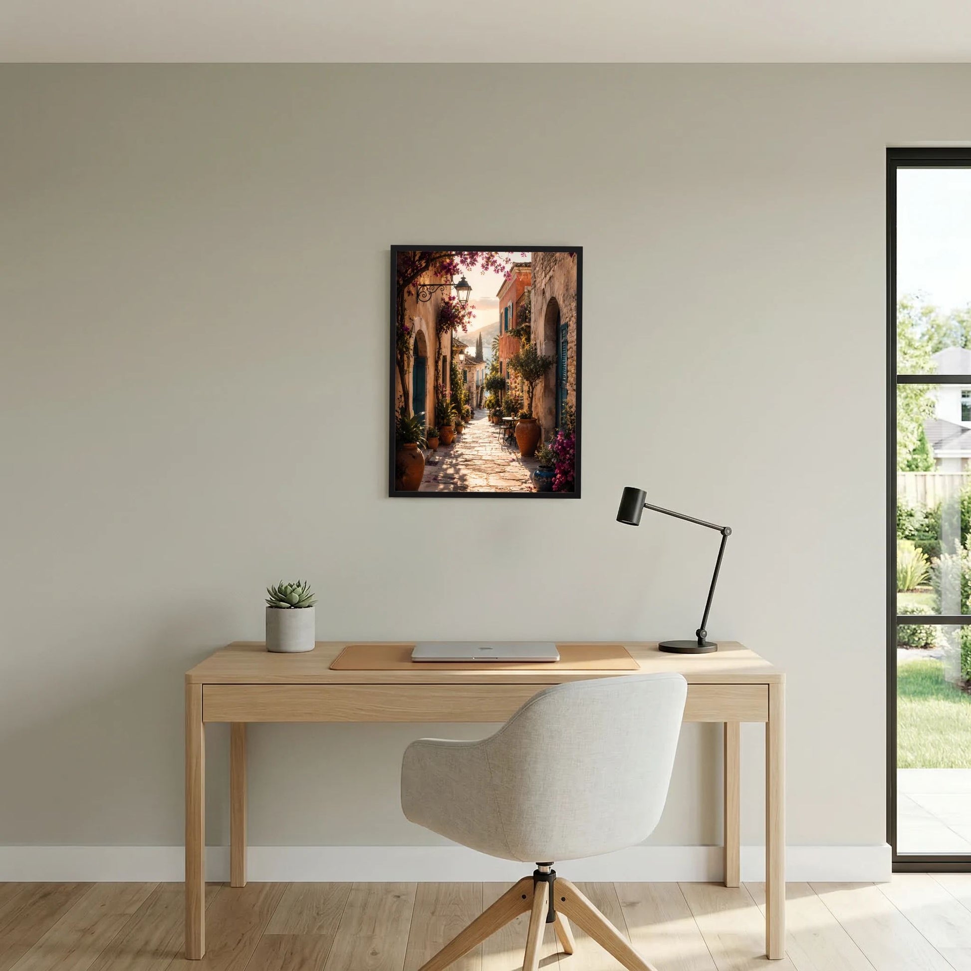 Wandposter über dem Schreibtisch: schmale Gasse mit Bögen und Blüten