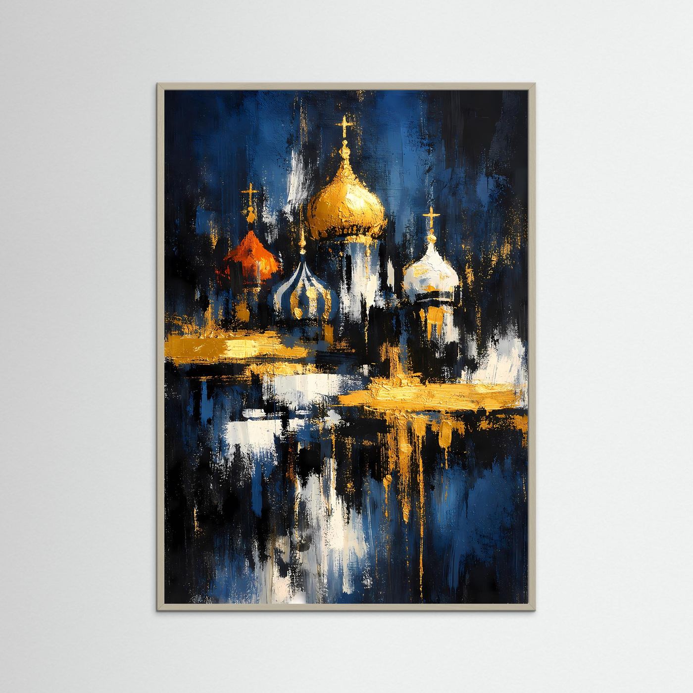 Architekturposter mit Kathedrale und goldenen Kuppeln, Nachtblau, hellerer Rahmen