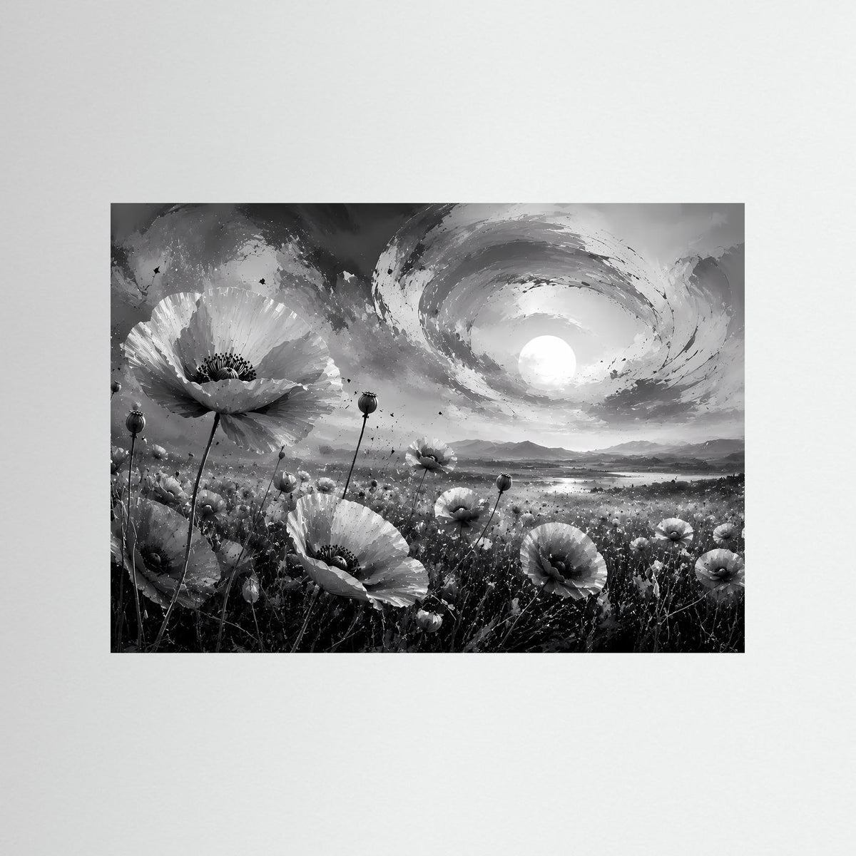 Schwarzweiß-Poster mit Mohnblumen und Vollmond im Wirbelwolkenhimmel