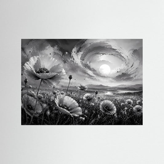 Schwarzweiß-Poster mit Mohnblumen und Vollmond im Wirbelwolkenhimmel