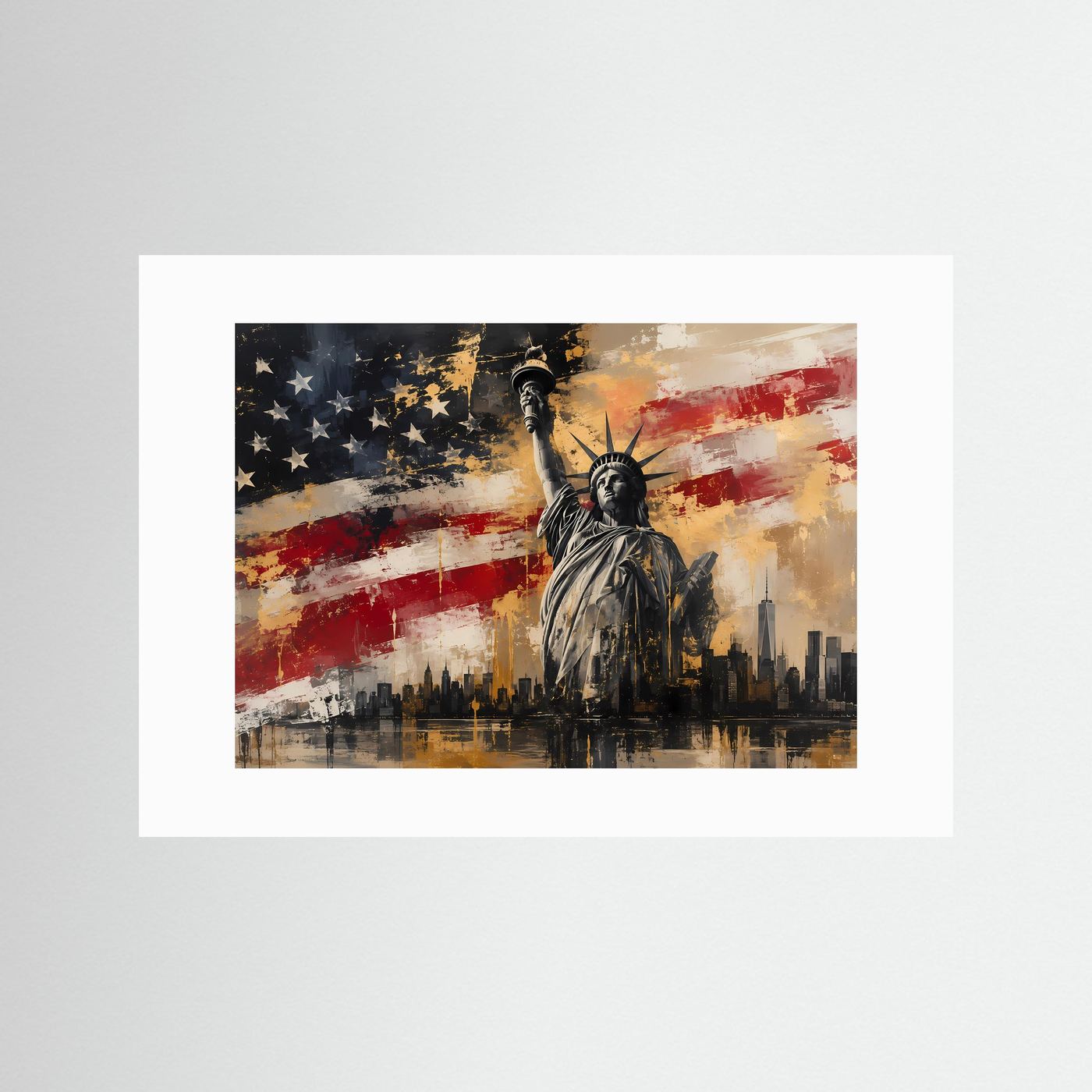 Freiheitsstatue & New York Skyline | Abstraktes USA Poster mit Flagge | Modernes Wandbild Querformat