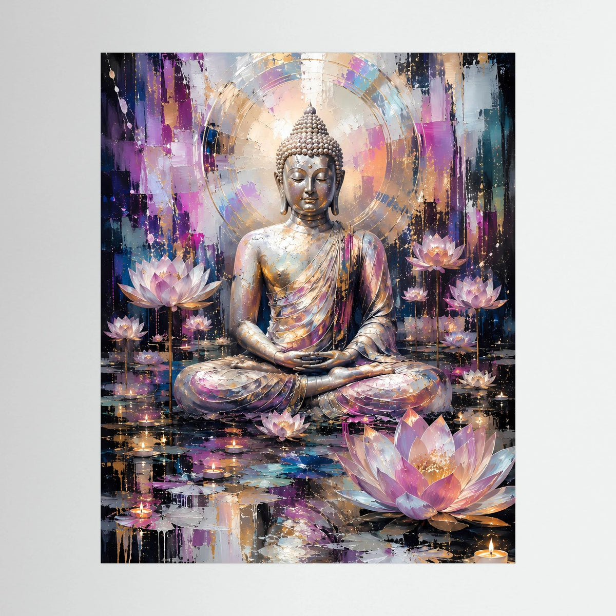 Poster mit sitzendem Buddha und Lotusblüten in Gold-, Rosa- und Blautönen