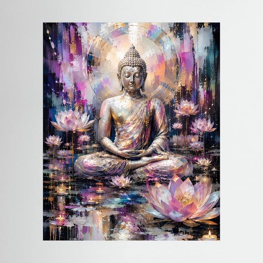 Poster mit sitzendem Buddha und Lotusblüten in Gold-, Rosa- und Blautönen