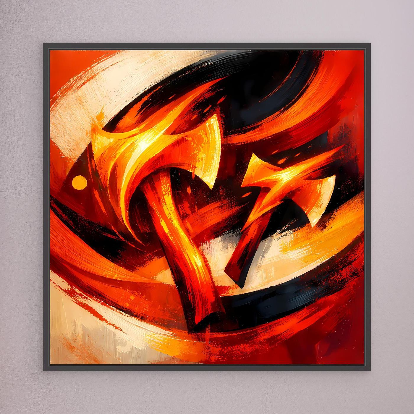 Abstraktes Leinwandbild mit Wikinger-Axt, rote und gelbe Flammen, schwarzer Rahmen.