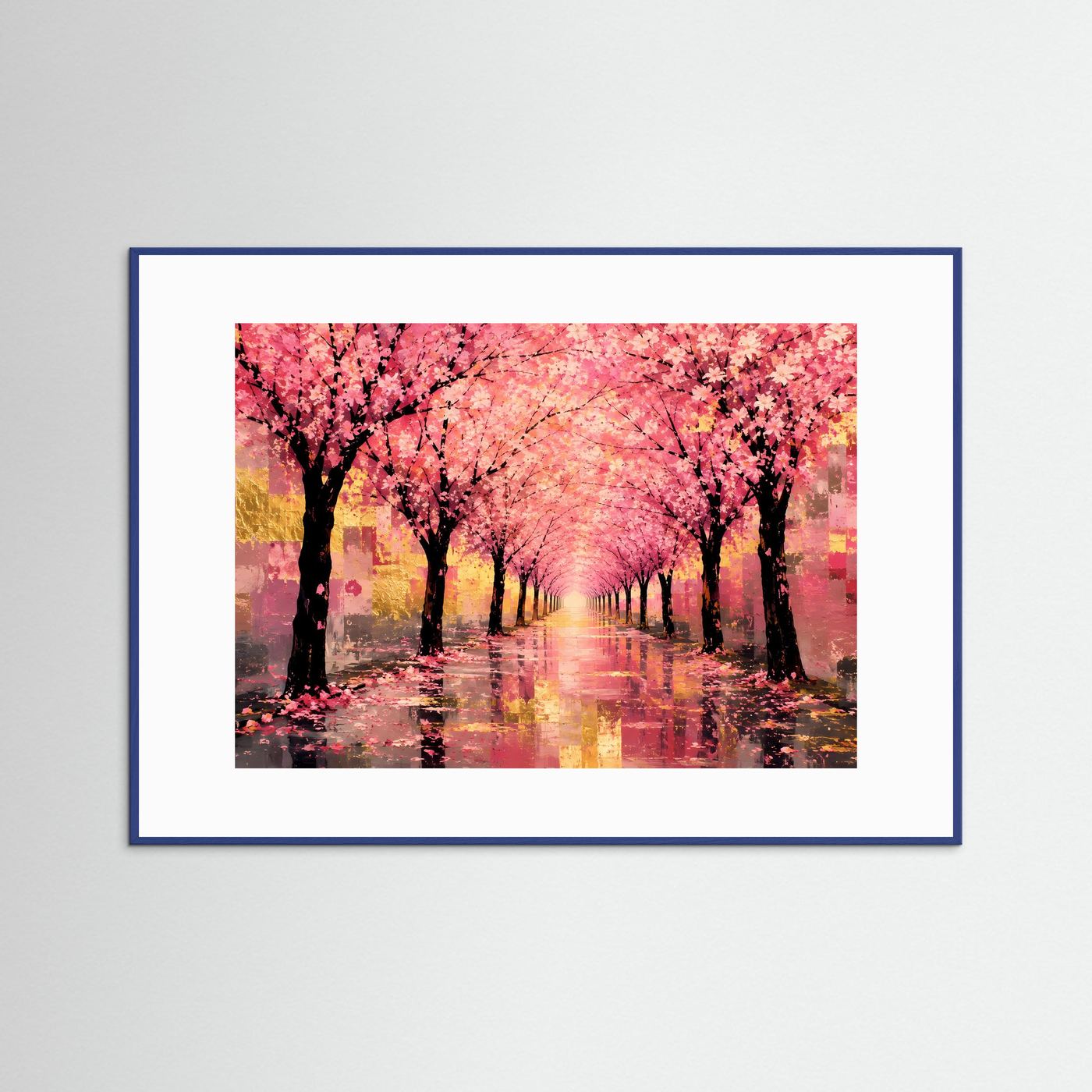 Poster im blauem Rahmen, Kirschblütenallee mit rosa Blüten und spiegelndem Weg