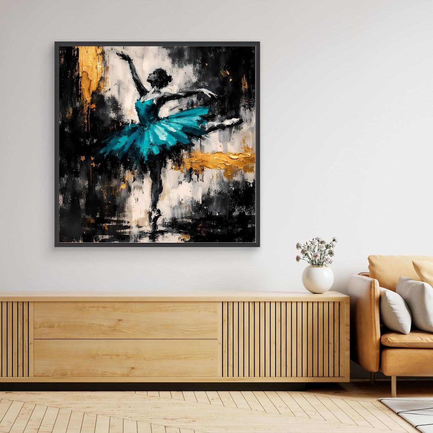 Leinwand Abstrakte Ballerina in Türkis und Gold | Modernes Ballett Wandbild mit Tanz-Motiv