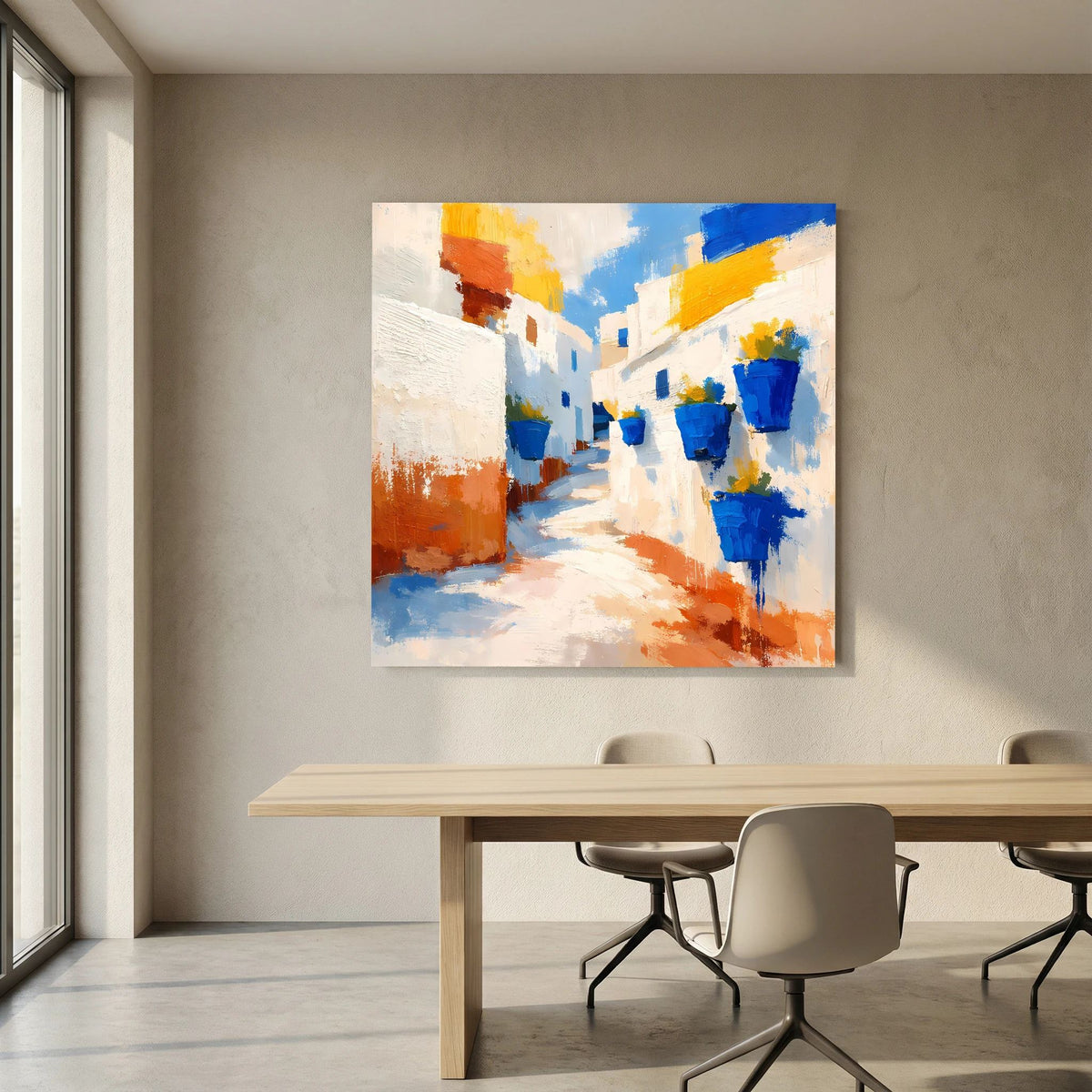 Leinwand-Wandbild mit abstrakter Gasse, weißen Flächen und blauen Blumentöpfen