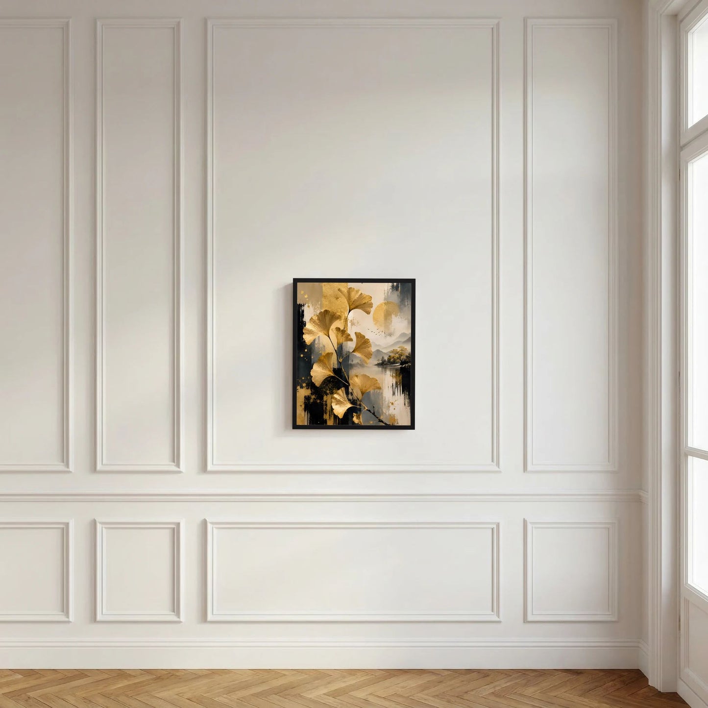 Kunstposter mit schwarzem Rahmen und goldenen Ginkgo-Blättern in abstrakten See-Landschaftsformen