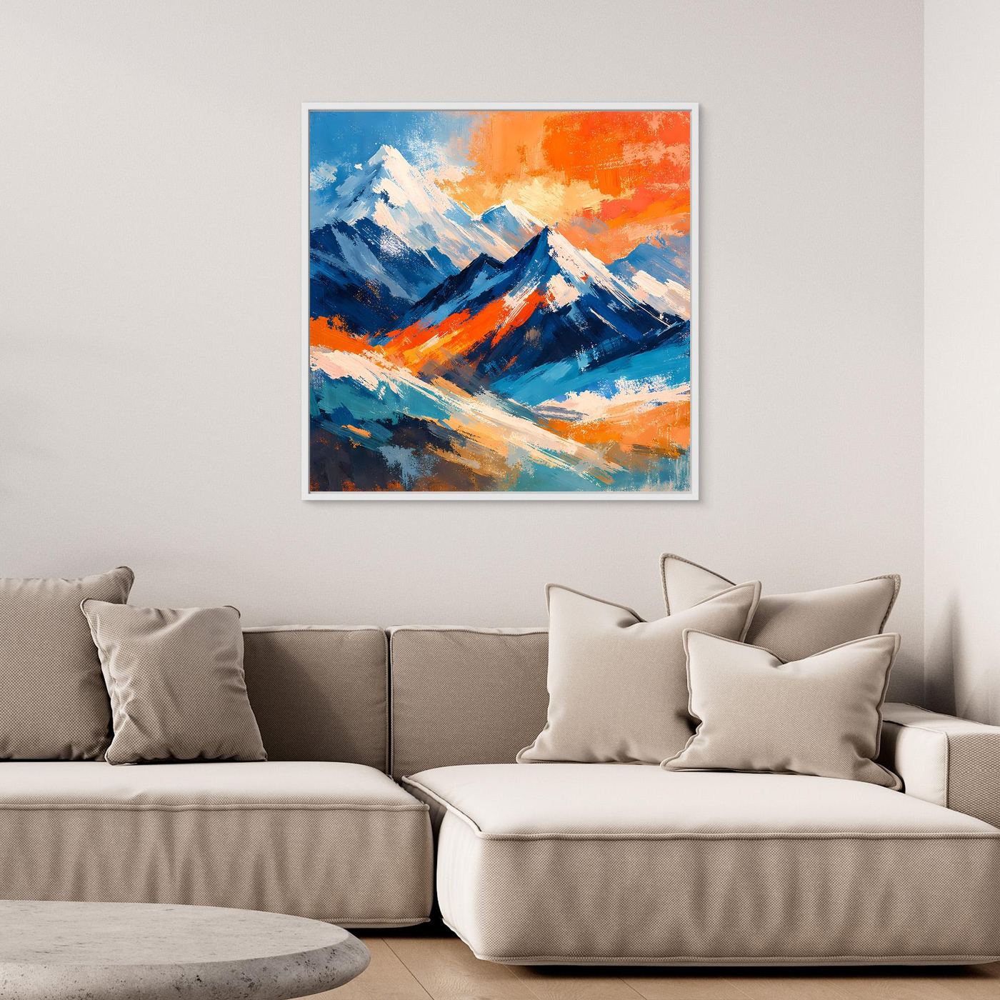 Abstraktes Leinwand-Berggemälde ohne Rahmen mit kräftigen Farben in Blau und Orange