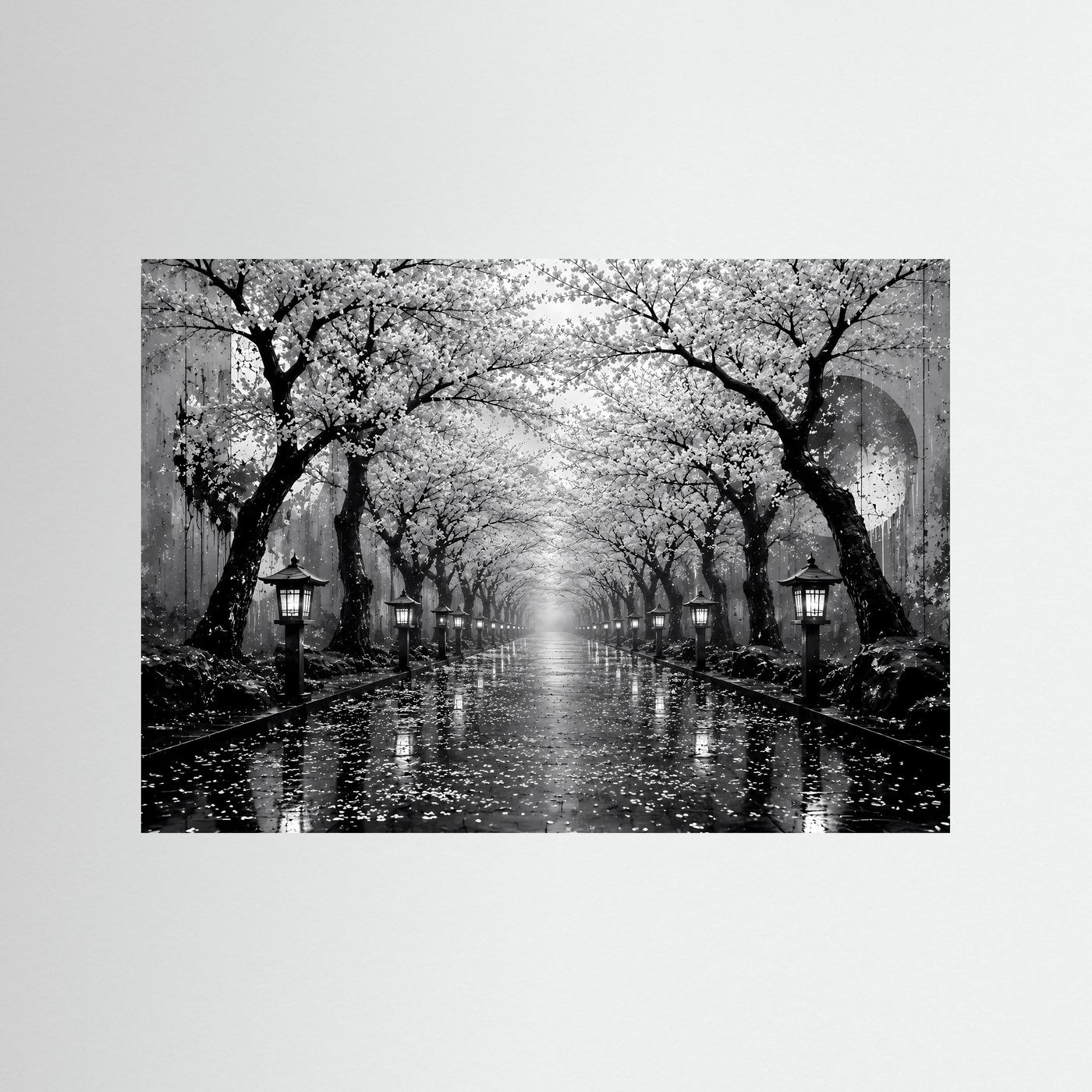 Kirschblütenallee Schwarz-Weiß | Japanisches Wandbild mit Laternen im Regen