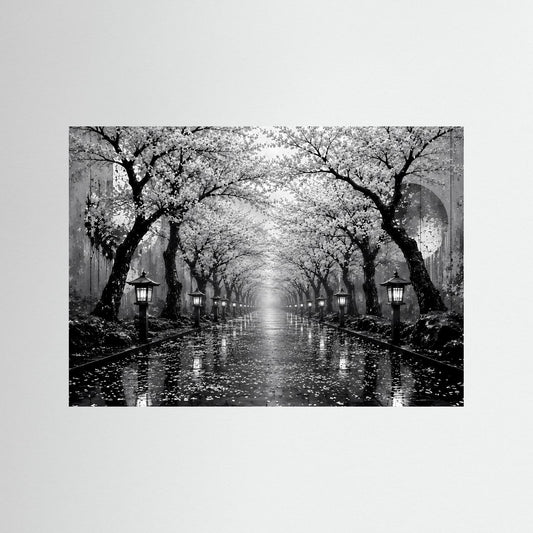 Schwarzweiß-Wandbild mit Regenallee, blühenden Bäumen und Laternen, ohne Rahmen sichtbar