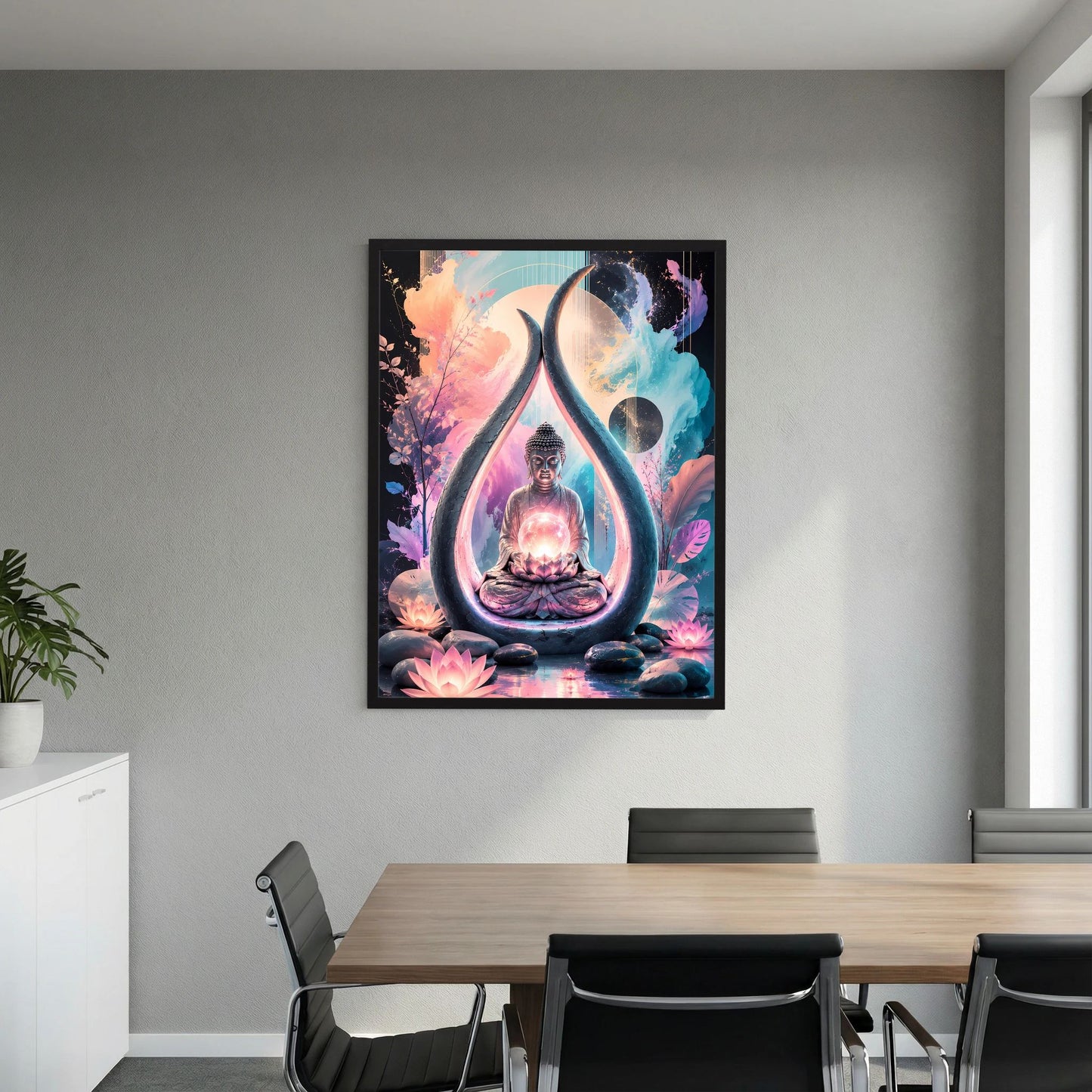 Hochformat-Poster mit Buddha-Meditation in leuchtendem Lotus über dunklem Farbverlauf