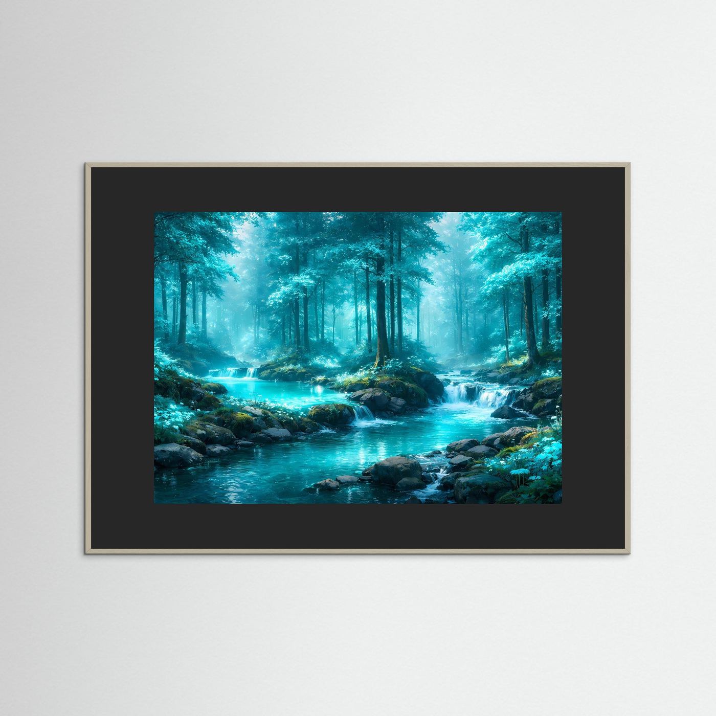 Gerahmtes Wandbild mit türkisem Fluss im Wald, brauner Rahmen.