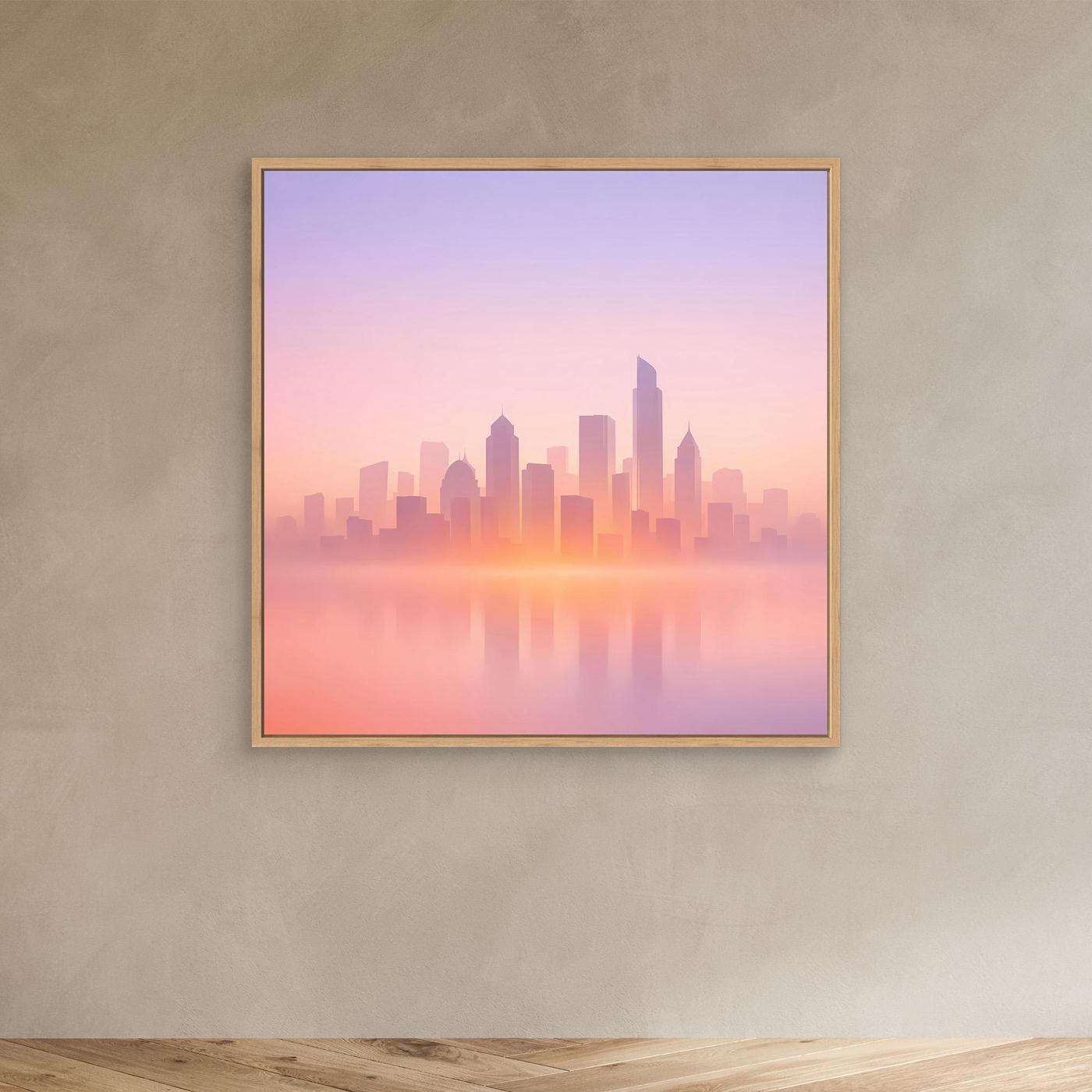 Leinwand-Wandbild Skyline im Pastellrosa, Eichenrahmen, quadratisch