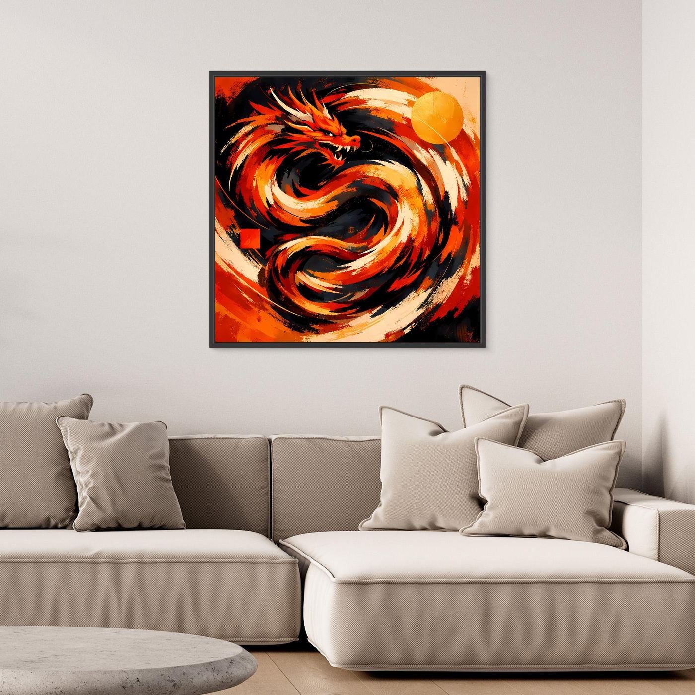 Quadratisches Leinwand-Wandbild mit schwarzem Rahmen: abstrakter roter Drache, orangefarbene Energie