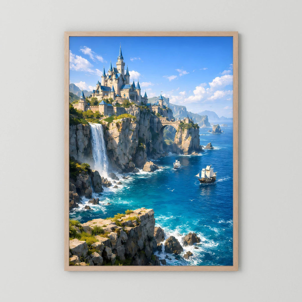Poster im Hochformat mit hellem Holzrahmen und Fantasy-Küstenschloss am Meer