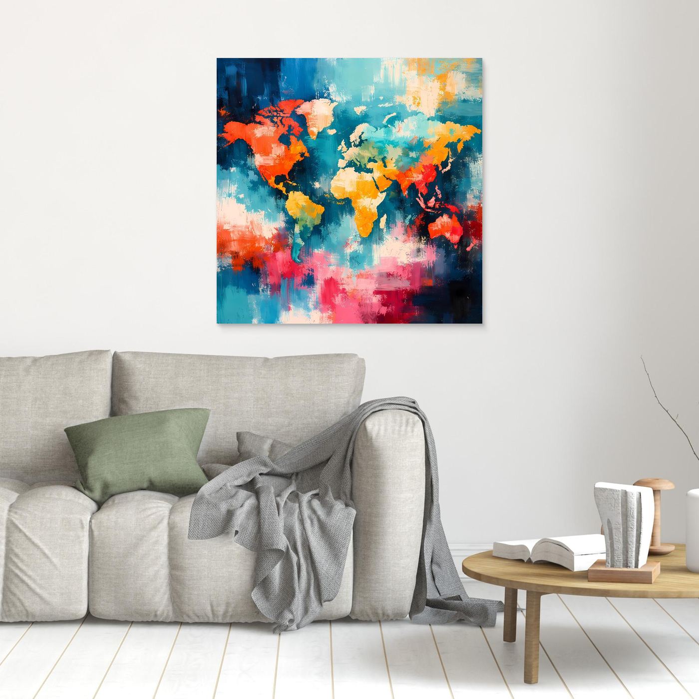 Abstract world map canvas with colorful splash-style continents, no visible frame