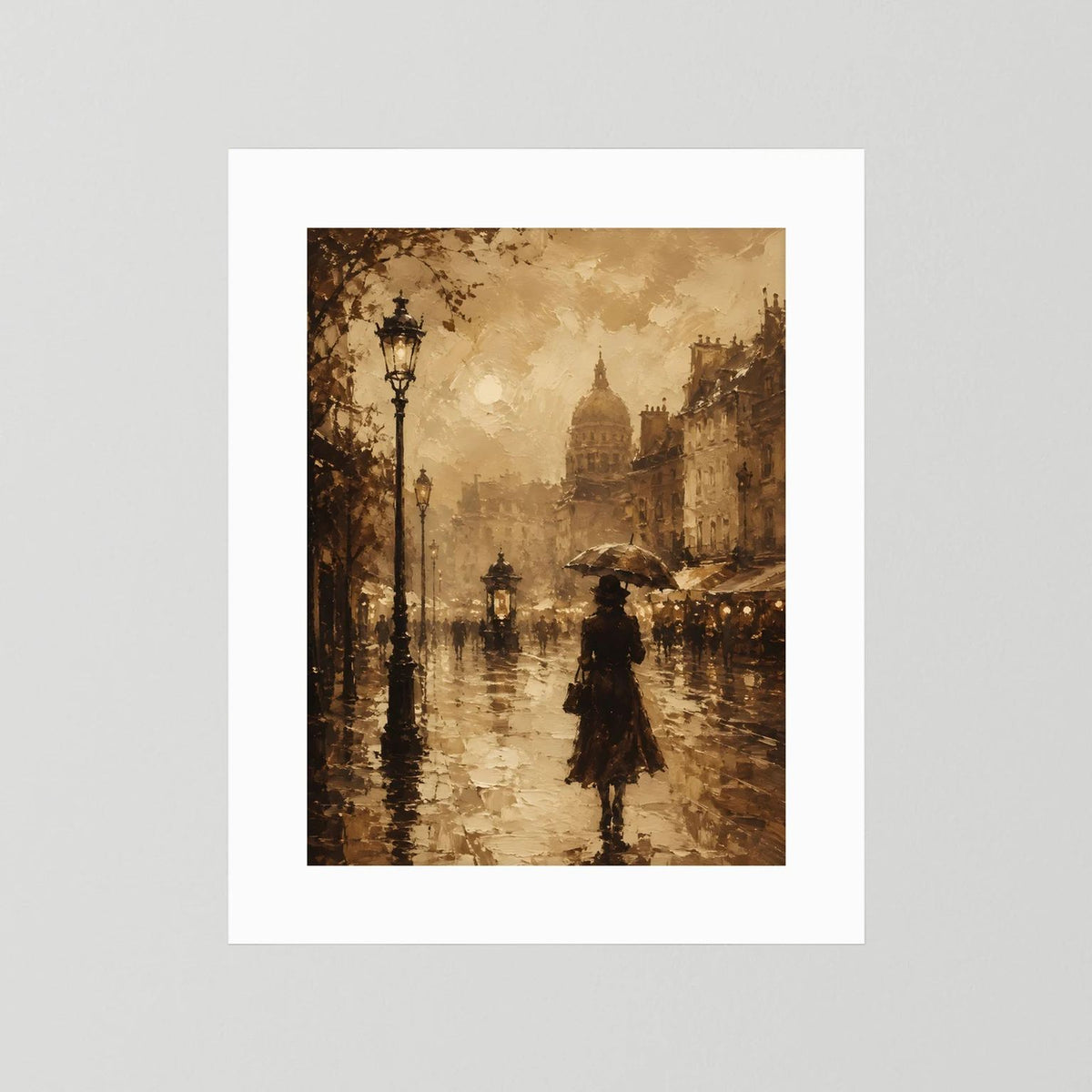 Hochformatige Sepia-Posterfläche mit Laternen und Frau mit Regenschirm, ohne Rahmen