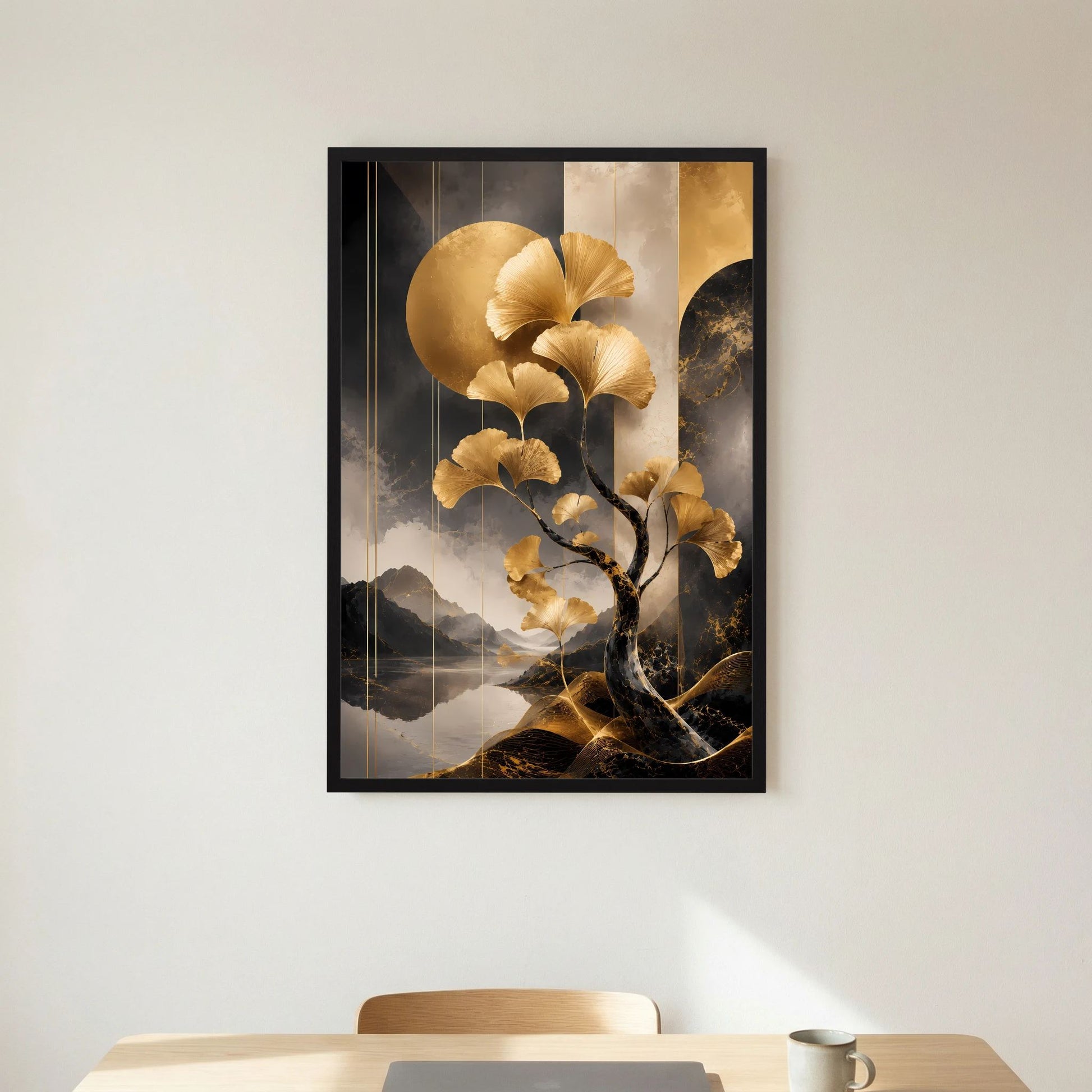 Poster im Hochformat mit goldenen Ginkgo-Blättern am Ast und schwarzem Rahmen
