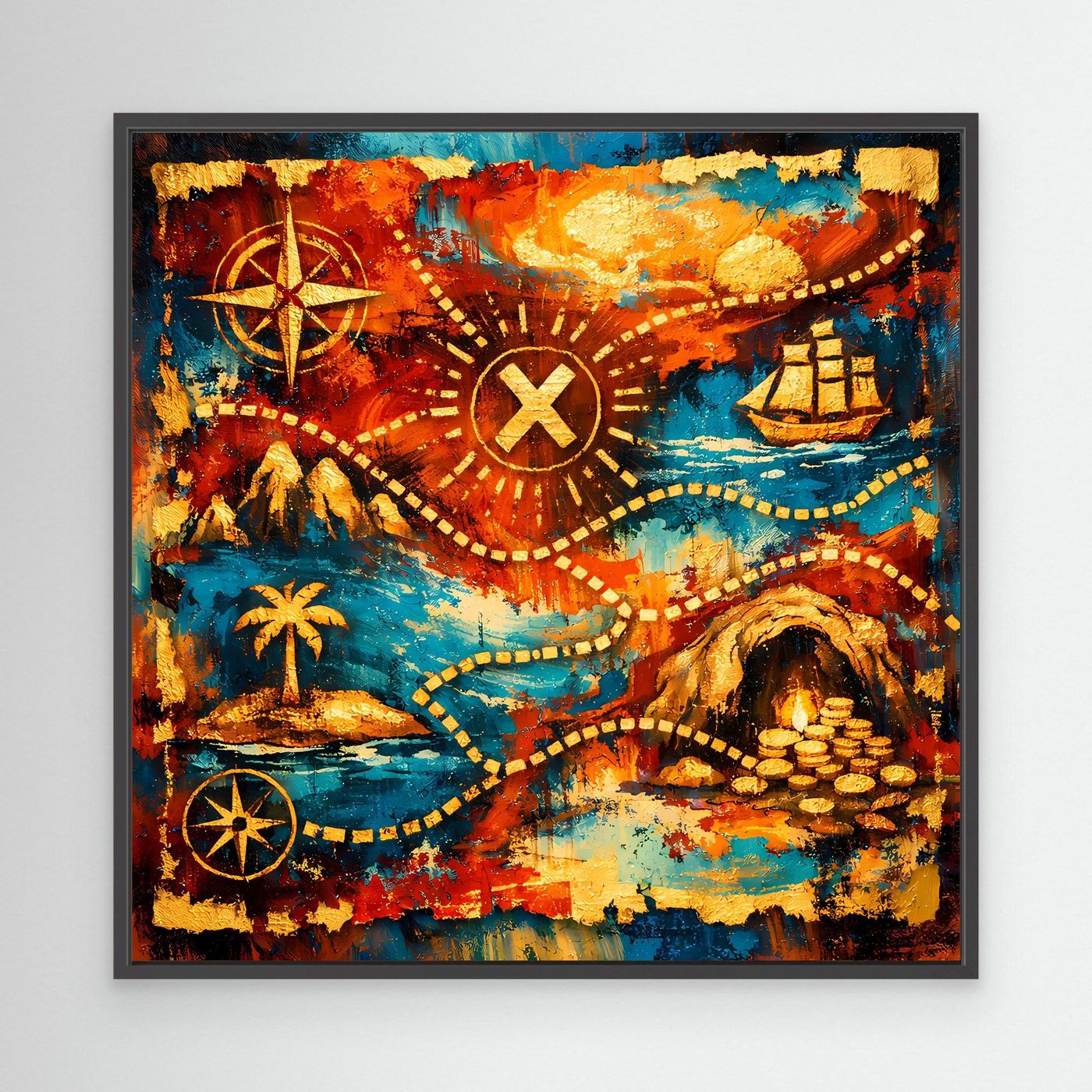 Leinwandbild mit Schatzkarte im schwarzen Rahmen: Kompassrose, X, Pfade, Schiff und Münzhöhle