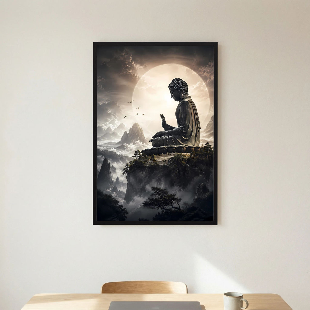 Poster im Hochformat: Buddha-Silhouette über Wolken mit Mondsichel, Schwarzrahmen