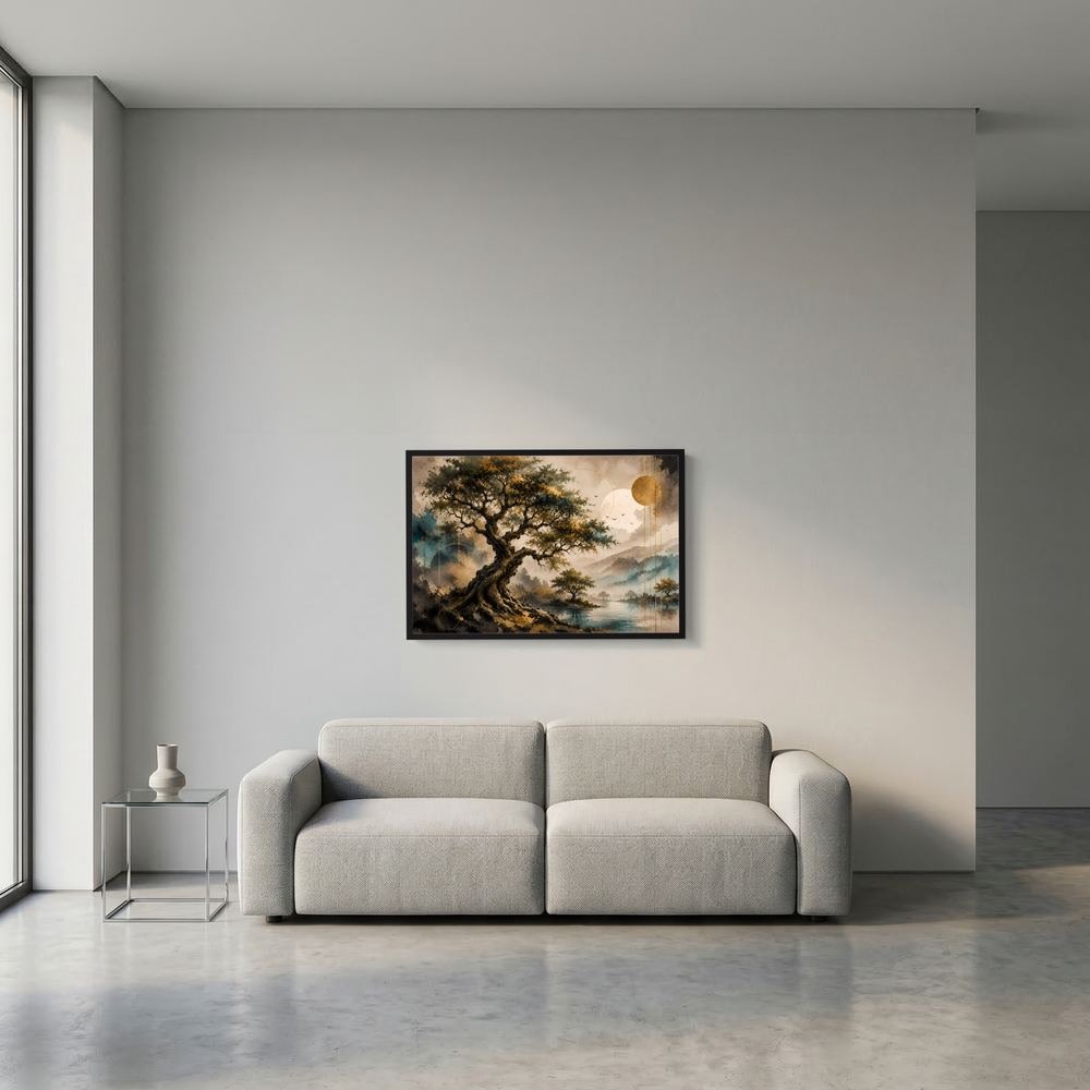 Kleines gerahmtes Poster mit Baumlandschaft, Wasser und goldenen Kreisen an der Wand