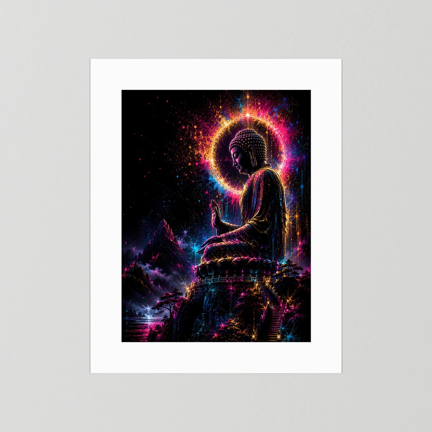 Buddha-Poster im Neonlicht mit weißem Passepartout: sitzende Figur mit leuchtender Aura, ohne Rahmen