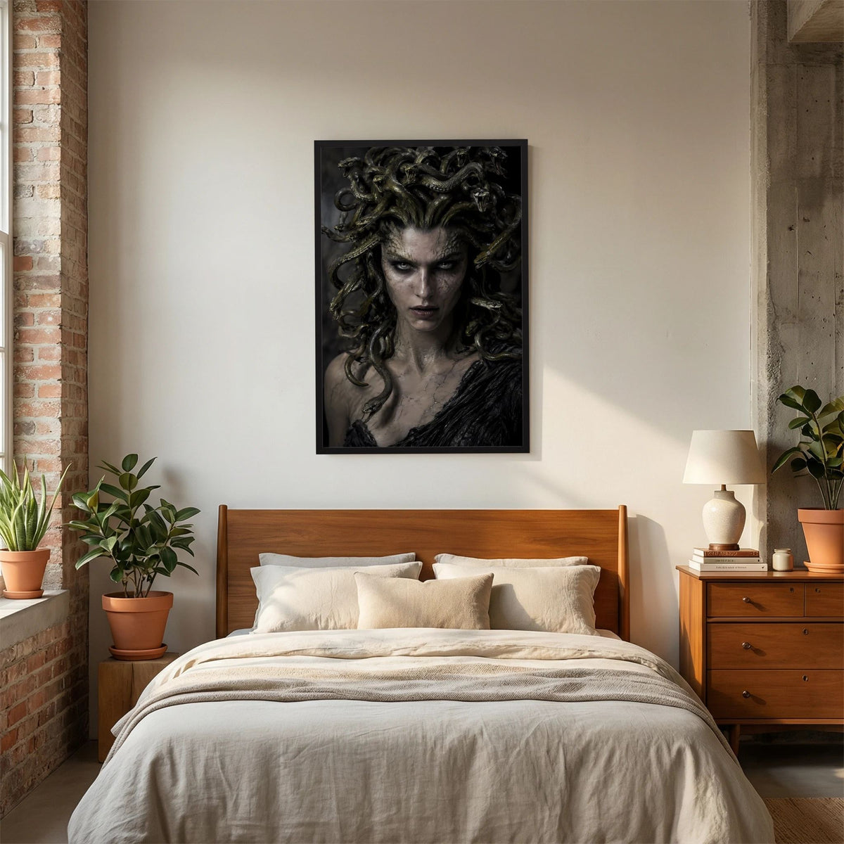 Medusa-Fantasy-Poster (Hochformat): Frau mit Schlangenhaaren, dunkles Porträt, schwarzer Rahmen