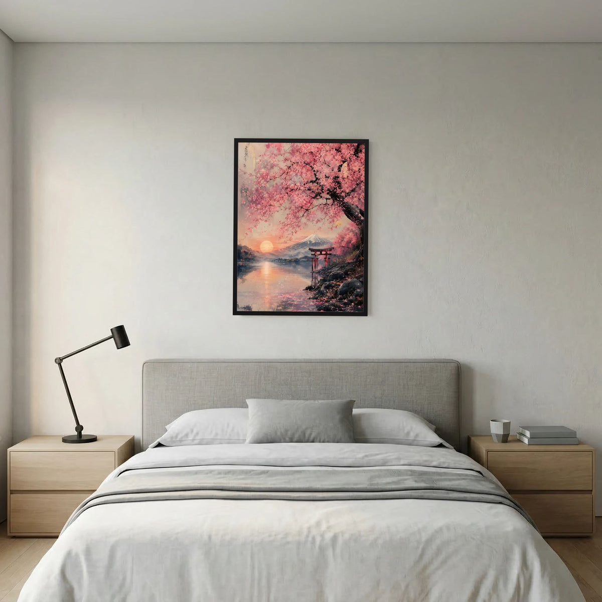 Gerahmtes Poster am Kopfende: Kirschblüten, Torii und Fuji über Wasserfläche
