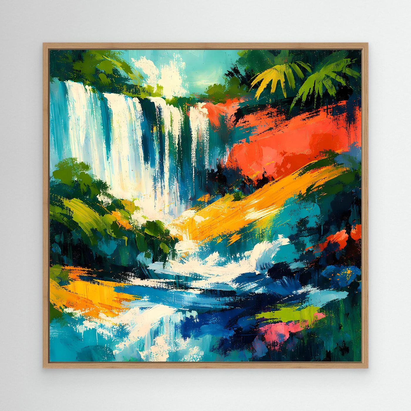 Abstraktes Leinwandbild mit tropischem Wasserfall, Eichenholzrahmen, Blau-, Grün- und Orangetöne