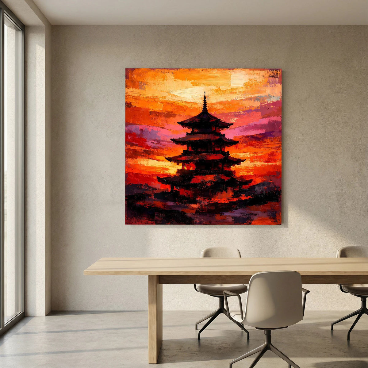 Japanisches Pagoden-Wandbild mit dunkler Tempelsilhouette im orange-pink getönten Himmel