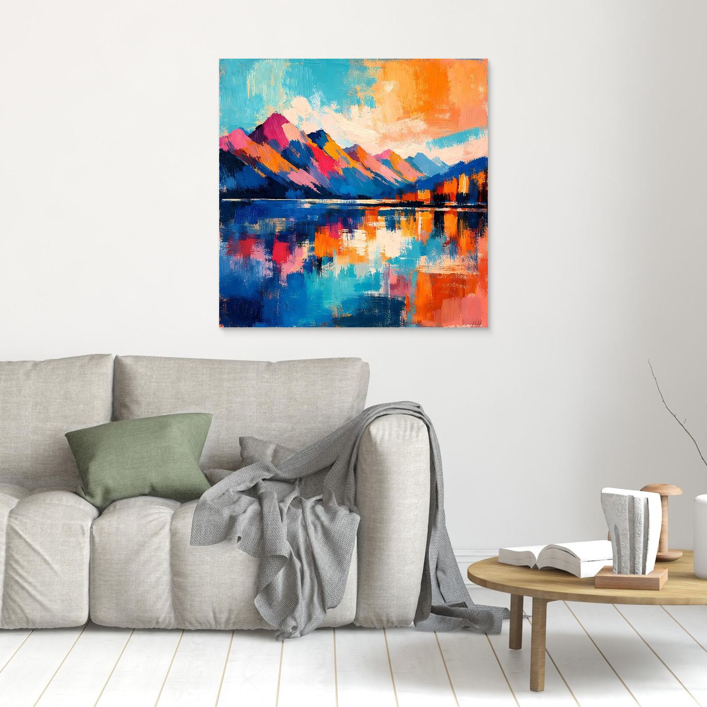 Leinwandbild mit abstrakter Berglandschaft und See-Spiegelung, farbintensiv in türkis und orange
