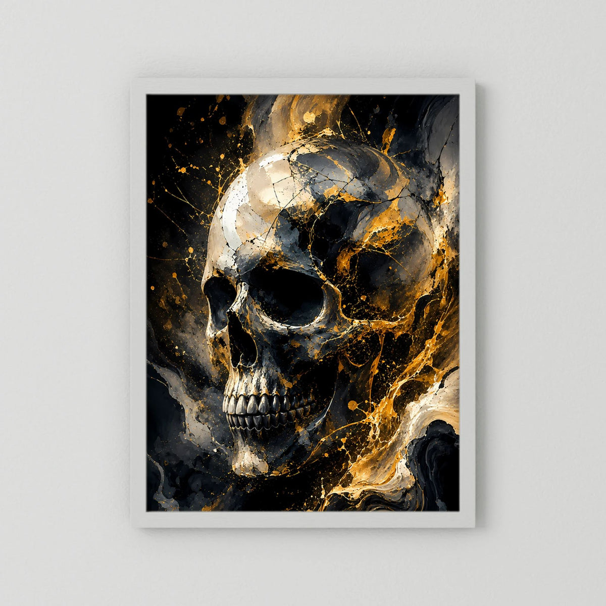 Poster mit Totenkopf-Motiv in Schwarz und Gold, hochkant mit weißem Rahmen.
