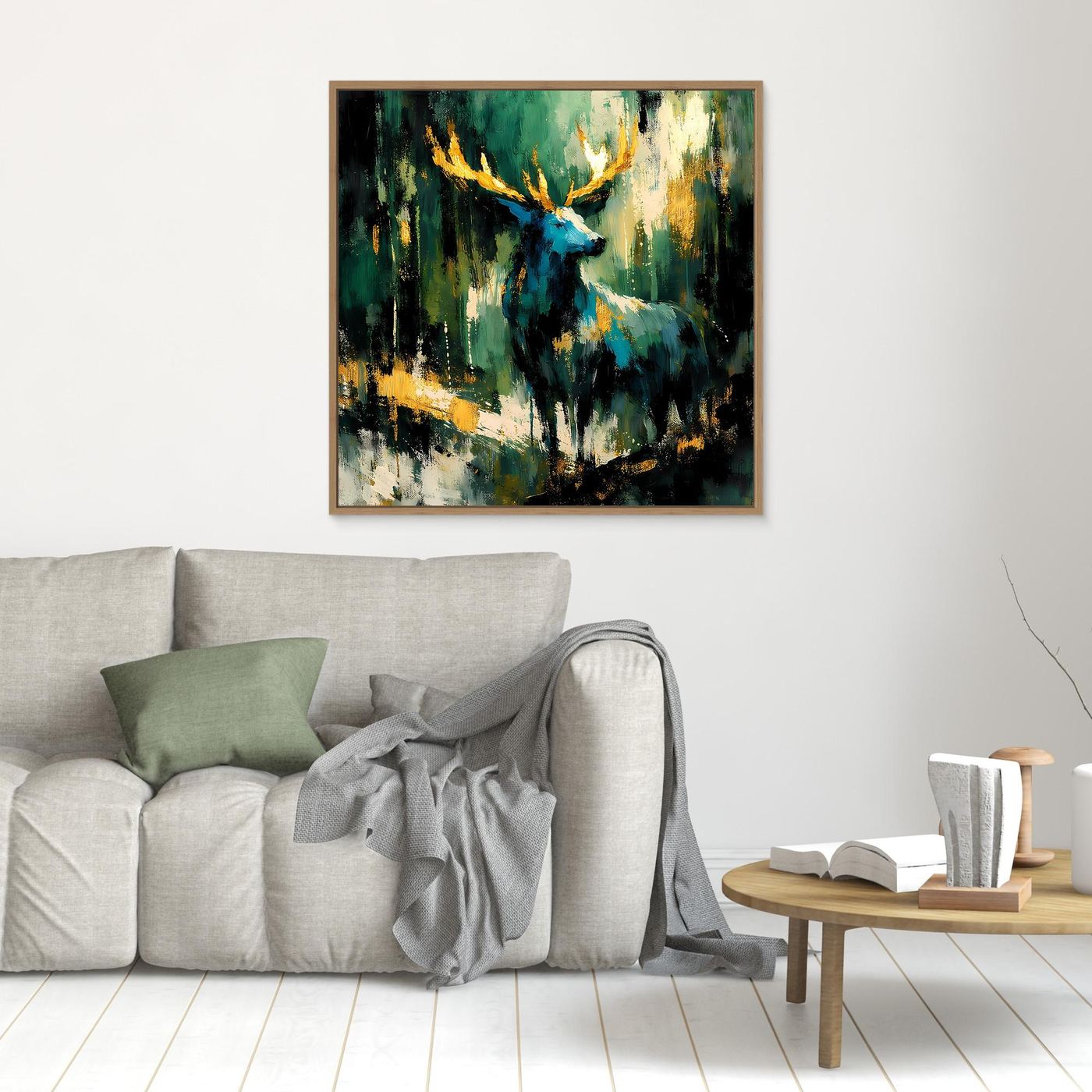 Leinwand-Wandbild im goldfarbenen Rahmen: abstrakter Hirsch, türkisblau und Gold