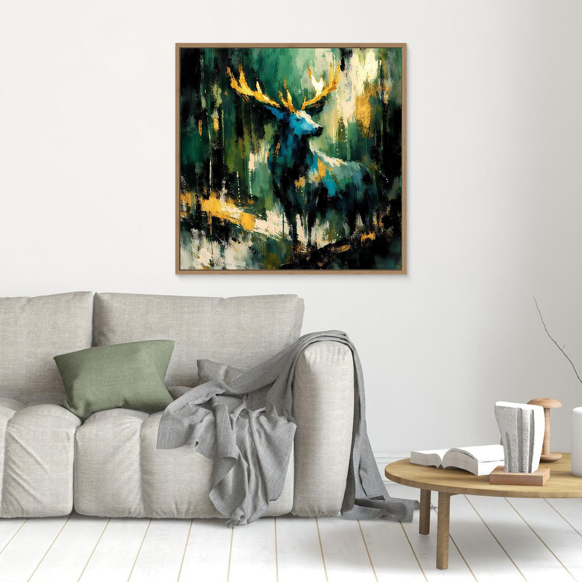 Leinwand-Wandbild im goldfarbenen Rahmen: abstrakter Hirsch, türkisblau und Gold