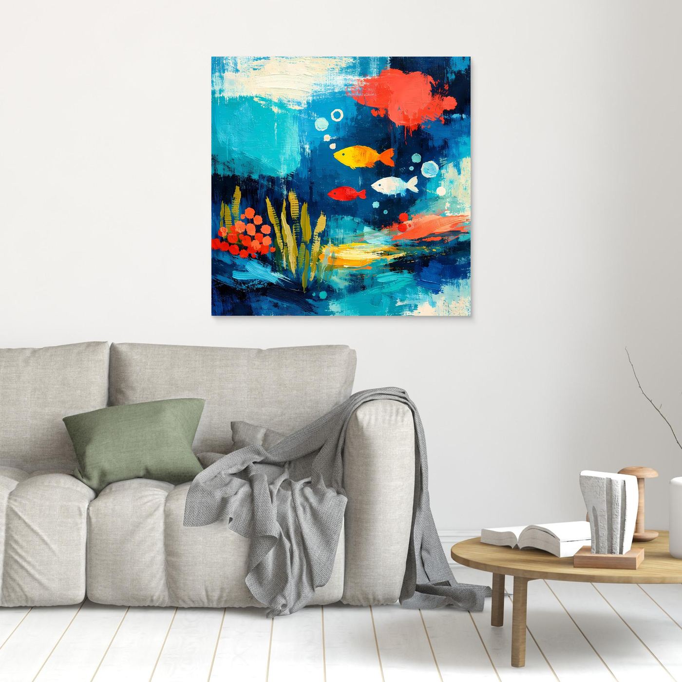 Abstract underwater wall art with colorful fish and coral, small framed artwork