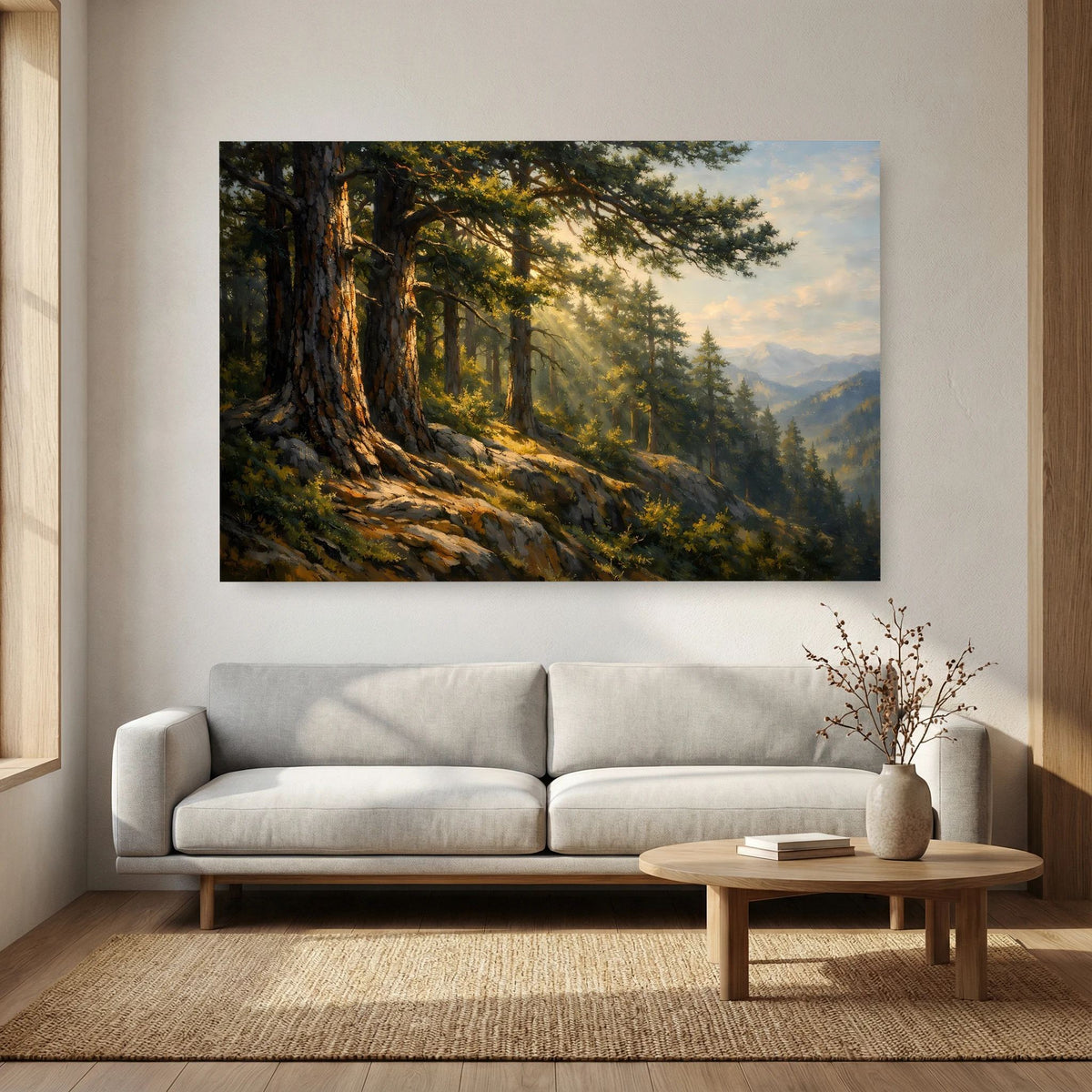 Wandbild im Querformat mit Nadelwald, Pfad im Vordergrund und fernen Bergen