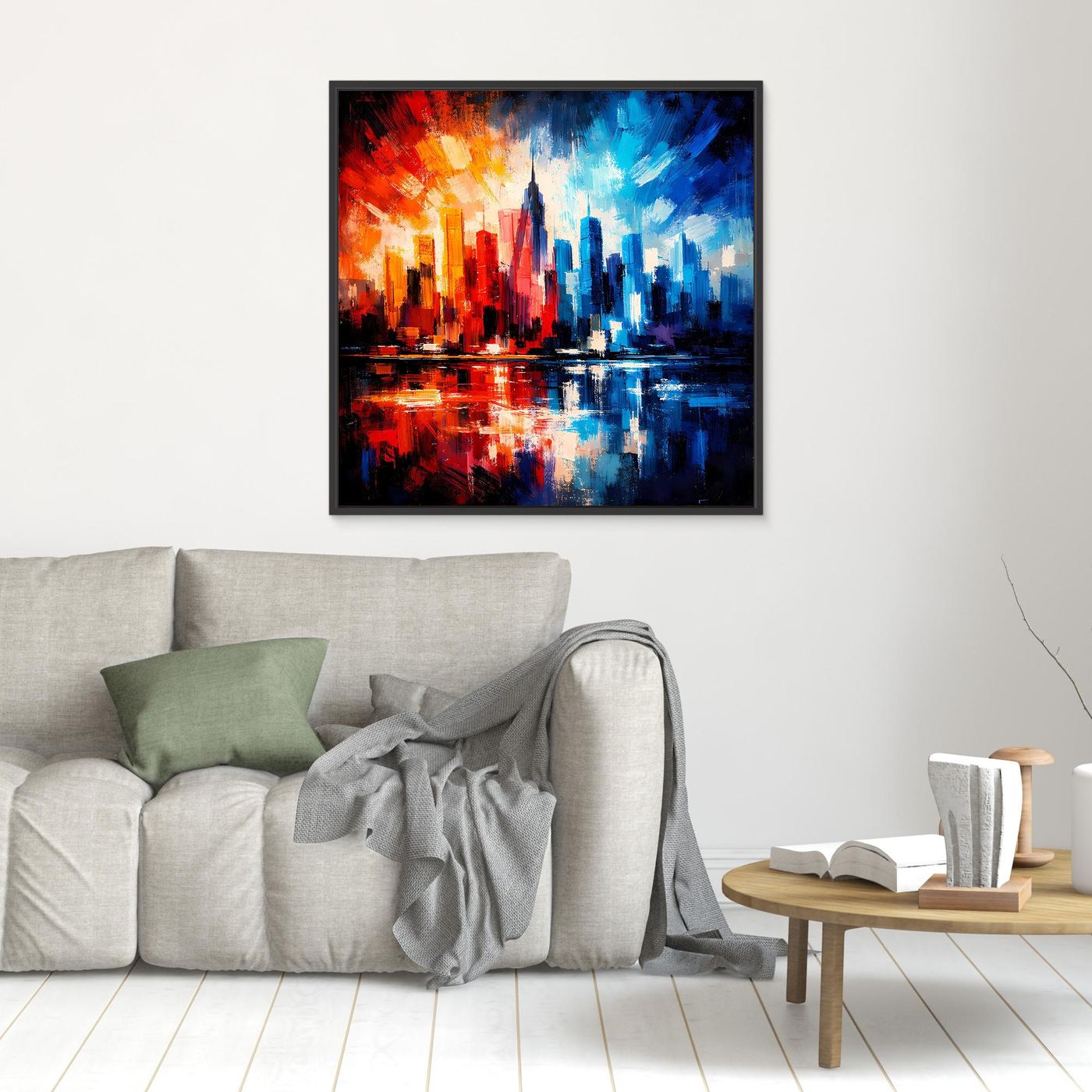 Leinwandbild mit abstrakter Skyline, rotes und blaues Stadtbild im schwarzen Rahmen an der Wand