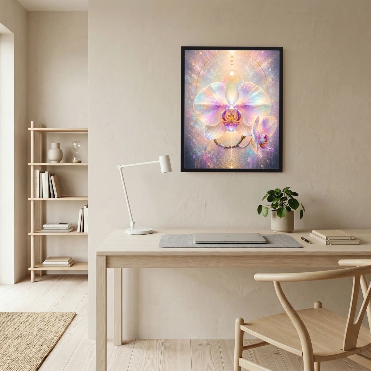 Gerahmtes Orchideenposter mit abstrakter Orchideenblüte in Pastellrosa, Lila, Türkis und goldenen Akzenten