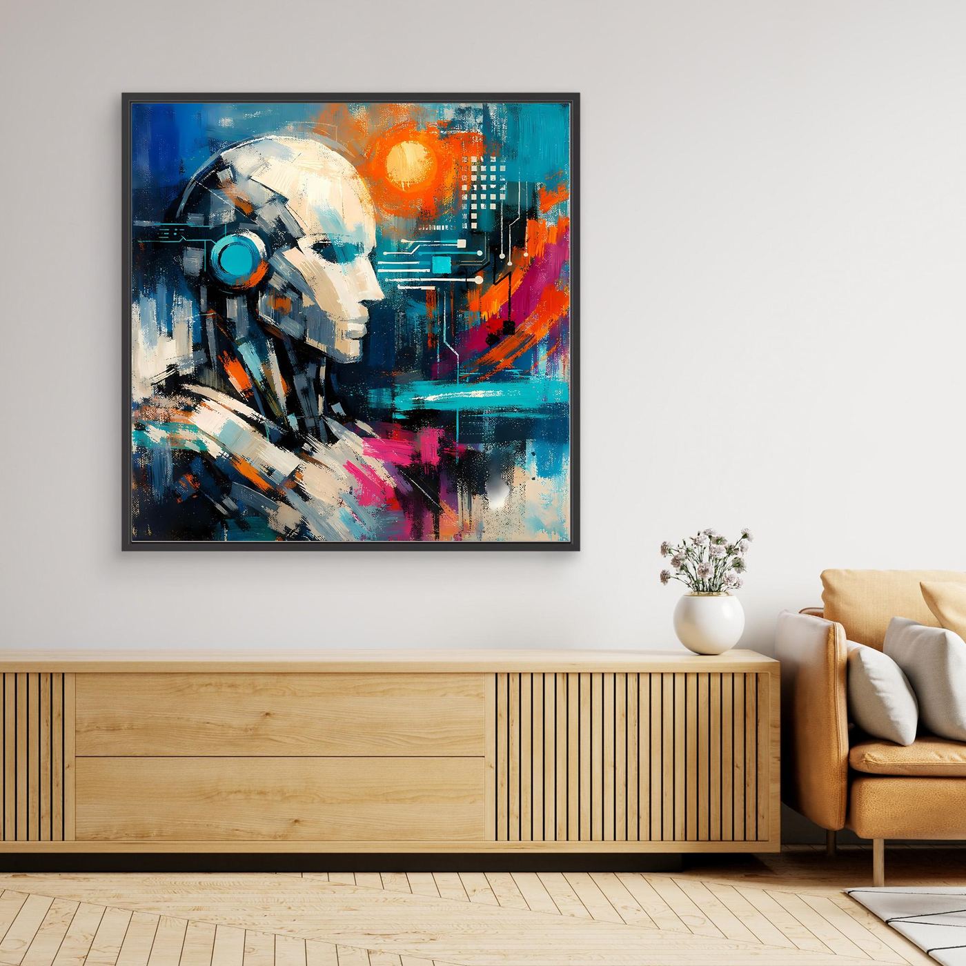 Framed canvas wall art with abstract circuit-like strokes, blue and orange, black frame
