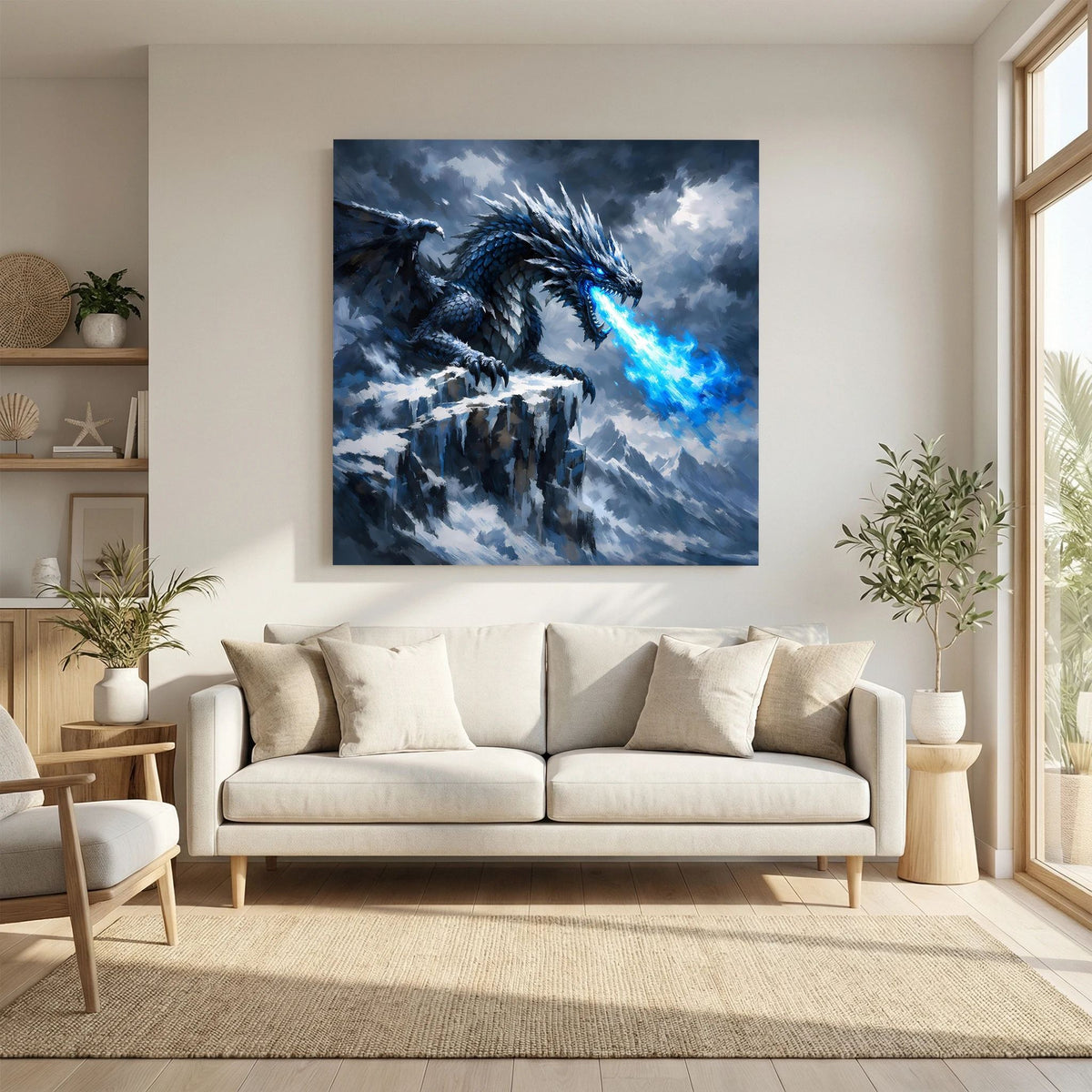Leinwand-Wandbild: Eisdrache in Sturmszene über felsiger Bergkante, blaues Leuchten