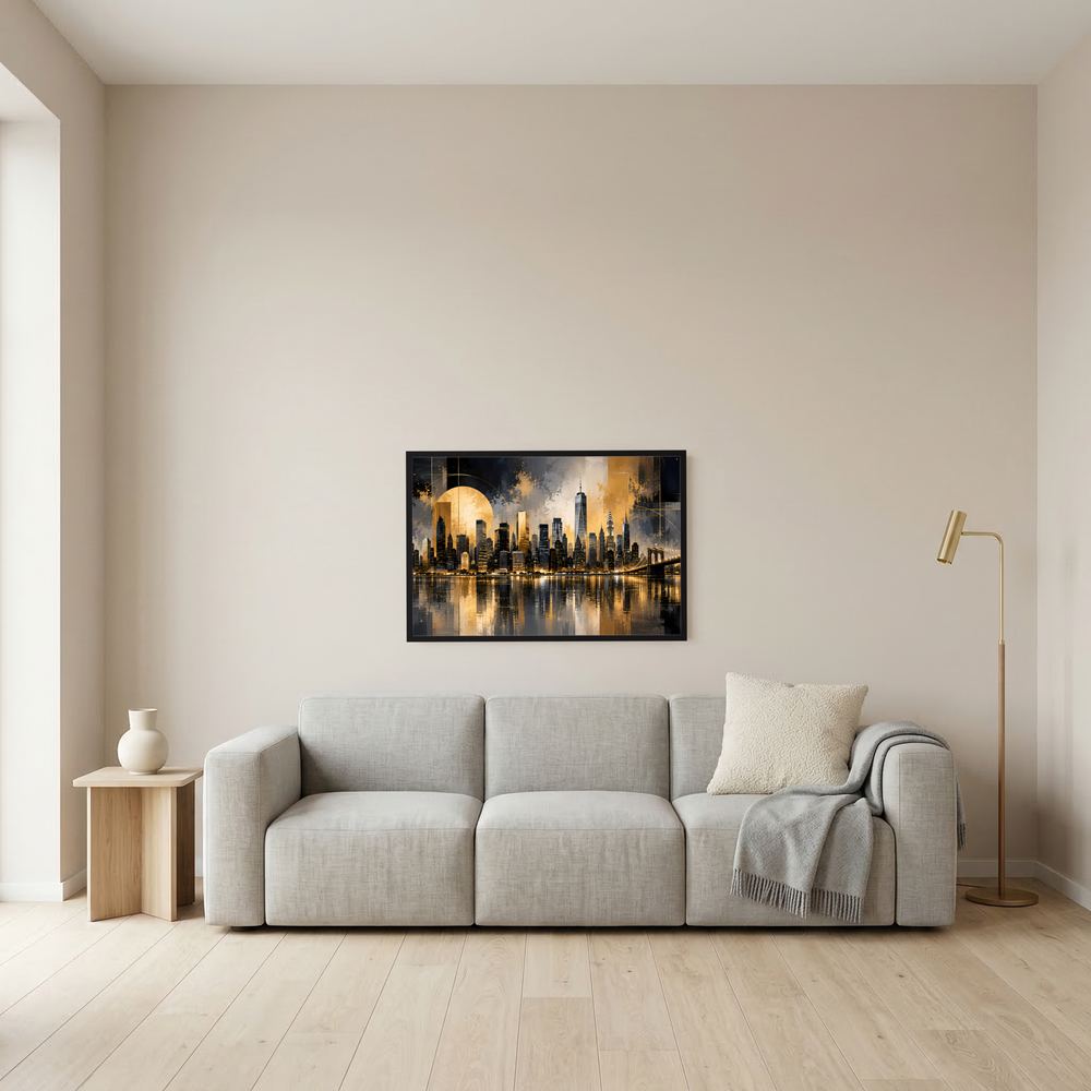 Gerahmtes Wandposter im Querformat mit New-York-Skyline in Schwarz und Gold, dunkler Rahmen