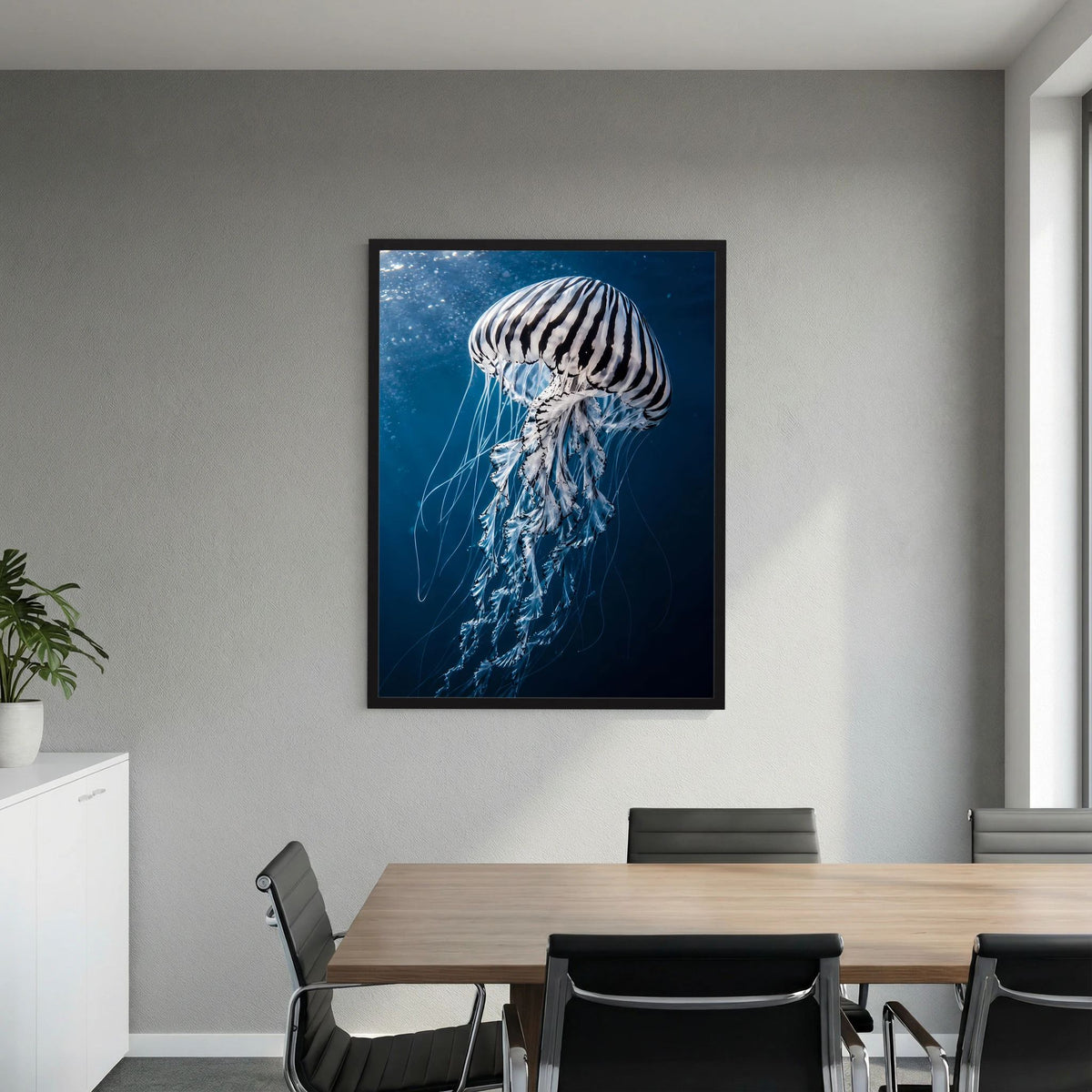 Gerahmtes Poster mit Qualle im Blau, seitlicher Kopf und schwebende Fäden