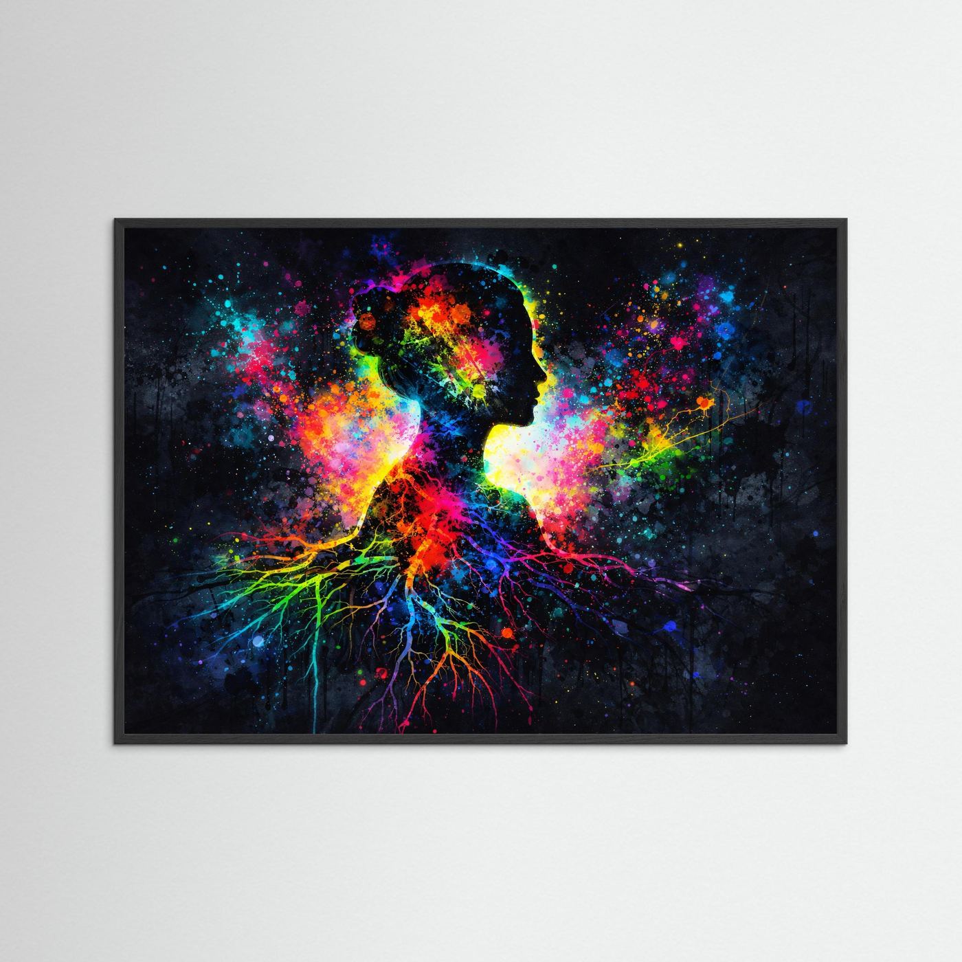 Farbenfrohe Frauen-Silhouette mit Wurzeln | Buntes Abstraktes Kunst Poster Querformat