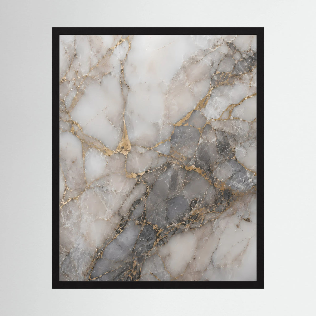 Poster im Hochformat mit Marmoroptik in Weiß, Grau und goldenen Adern im schwarzen Rahmen