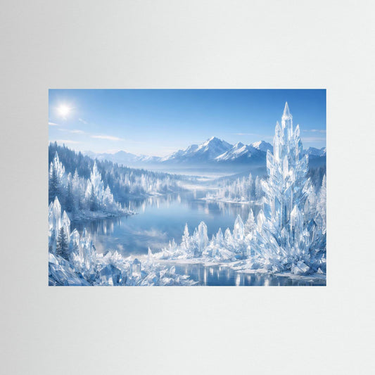 Poster im Querformat mit blauer Winterlandschaft, schneebedeckten Bergen und Eisbäumen