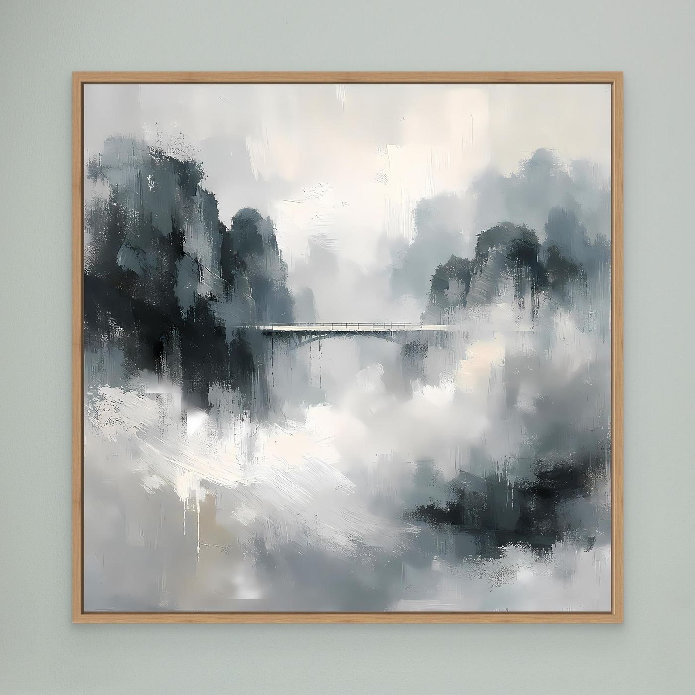 Leinwand Mystische Bergbrücke im Nebel | Abstraktes Natur Wandbild Grau