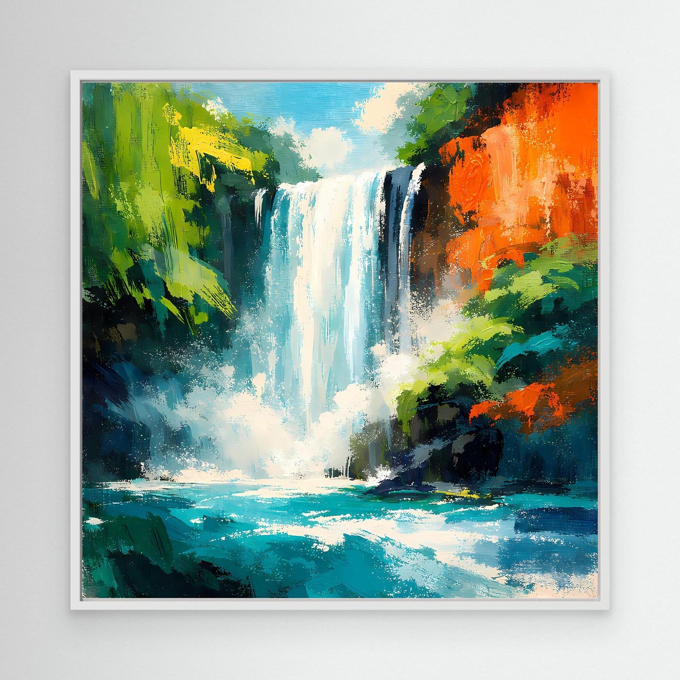 Leinwand-Wandbild mit tropischem Wasserfall, grüne Blätter und türkisblauer Flusslauf